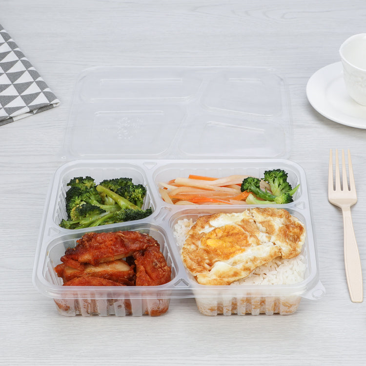 Microwave safe disposable 4 compartment lunch meal prep takeaway container tray pp plastic student bento box with leakproof lid