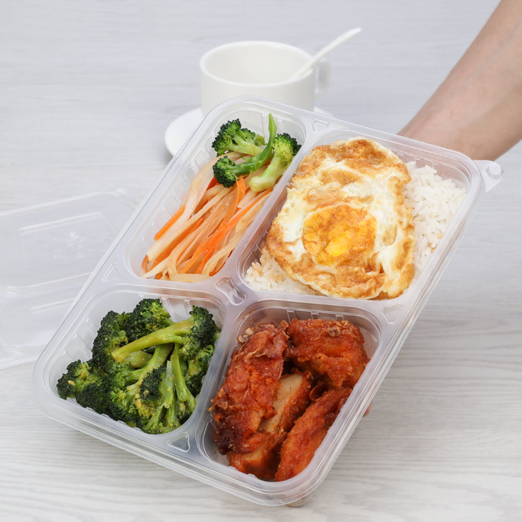 Microwave safe disposable 4 compartment lunch meal prep takeaway container tray pp plastic student bento box with leakproof lid