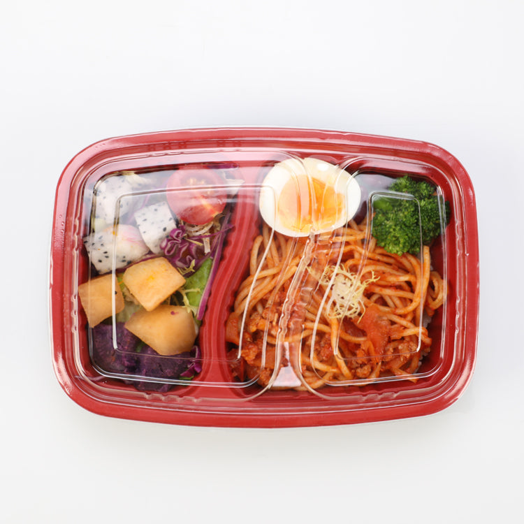 thick red black disposable fast food container with thick clear lid and 2 compartment