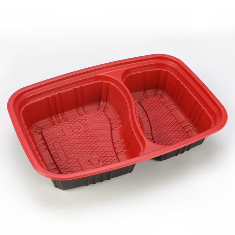 thick red black disposable fast food container with thick clear lid and 2 compartment