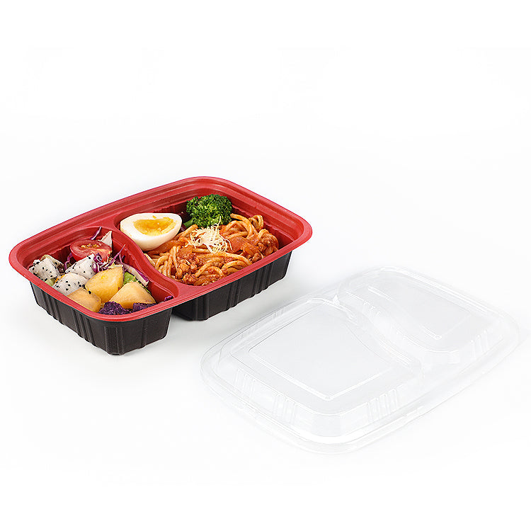 thick red black disposable fast food container with thick clear lid and 2 compartment