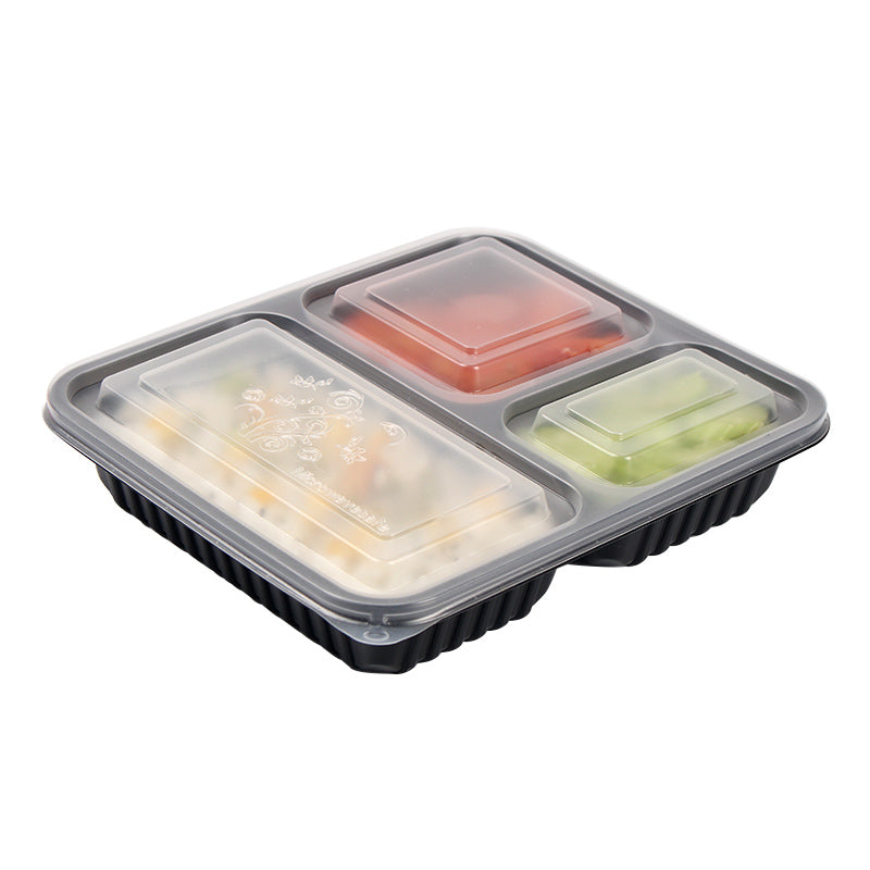 Free eco-friendly microwave safe black 3 compartment takeaway plastic food container with clear lid