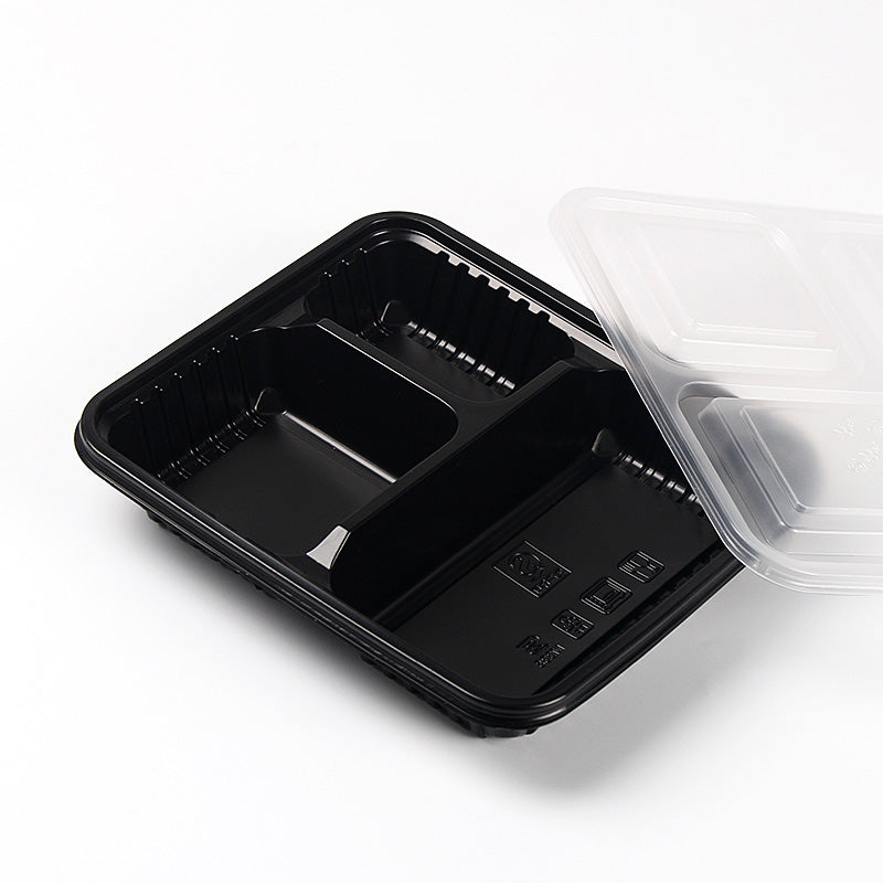 Free eco-friendly microwave safe black 3 compartment takeaway plastic food container with clear lid