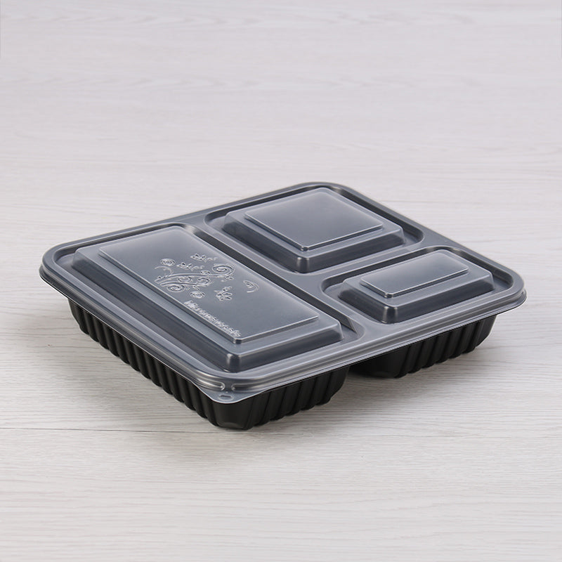 Free eco-friendly microwave safe black 3 compartment takeaway plastic food container with clear lid