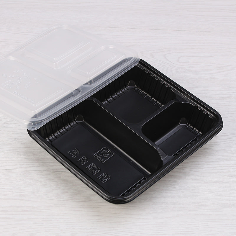 Free eco-friendly microwave safe black 3 compartment takeaway plastic food container with clear lid